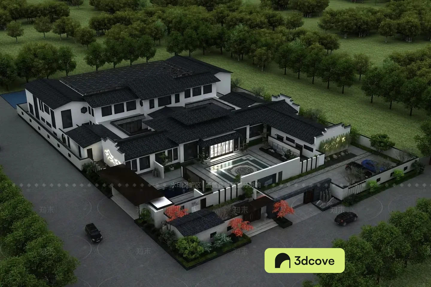A Large White House With A Black Roof