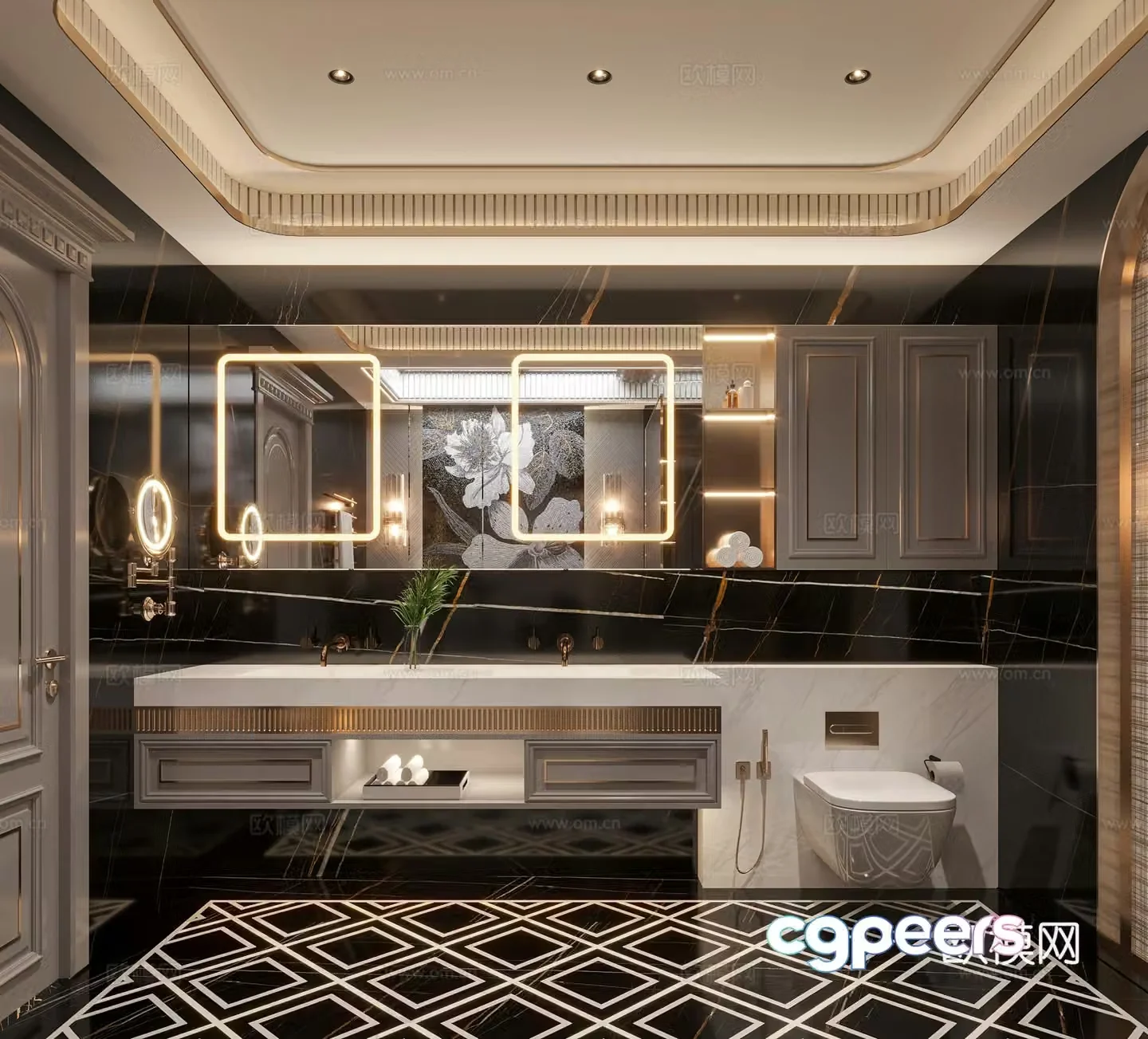 French light luxury bathroom modern bathroom crystal wall lamp stone parquet bathroom mirror hanging bathroom cabinet shower 3d model