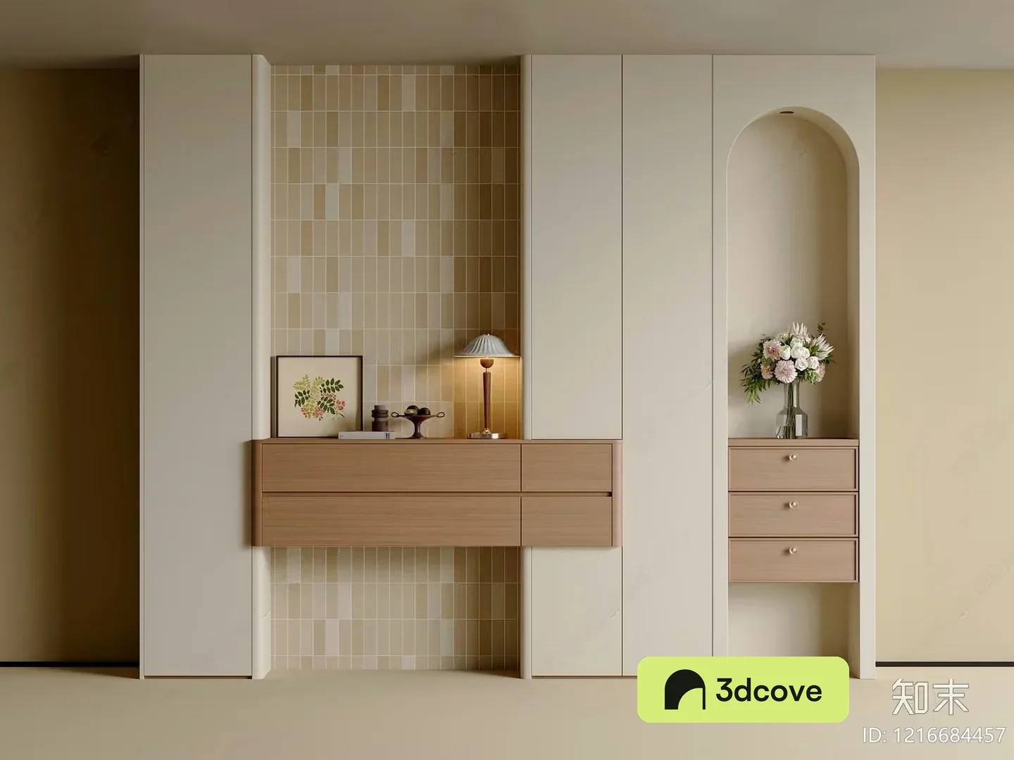 Modern Beige Wall With Cabinets And Drawers