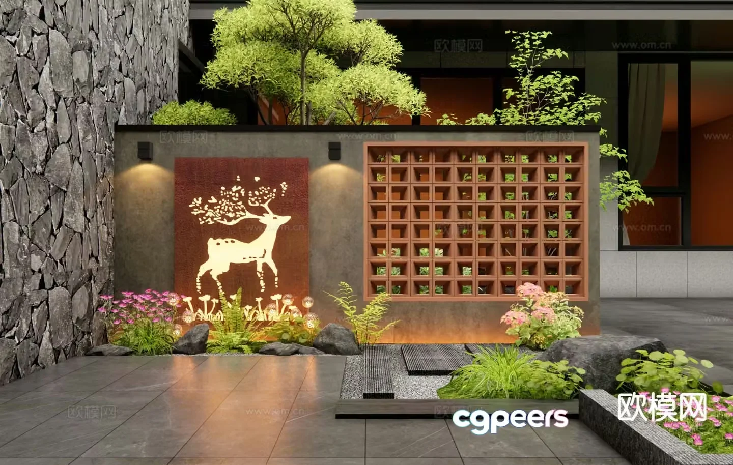 New Chinese style courtyard landscape wall hollow brick landscape wall 3D model