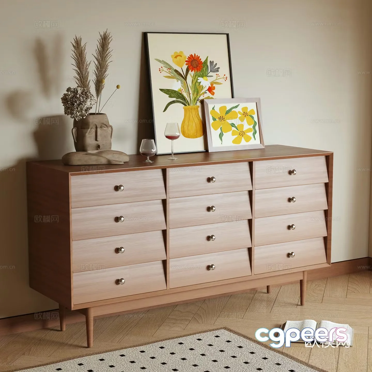 Log wind chest cabinet side cabinet 3d model