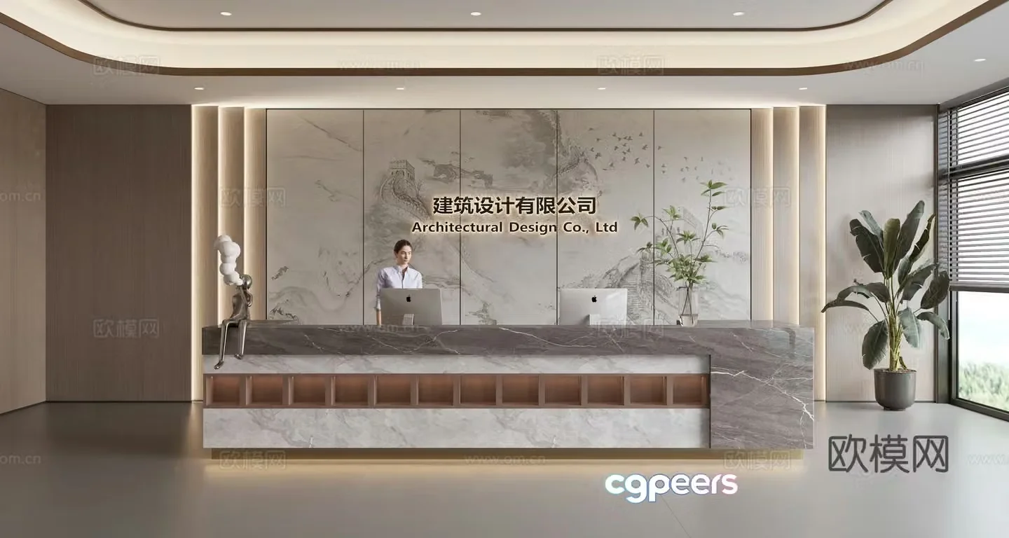 Modern company front desk reception area bar reception desk service desk company front desk background 3D model