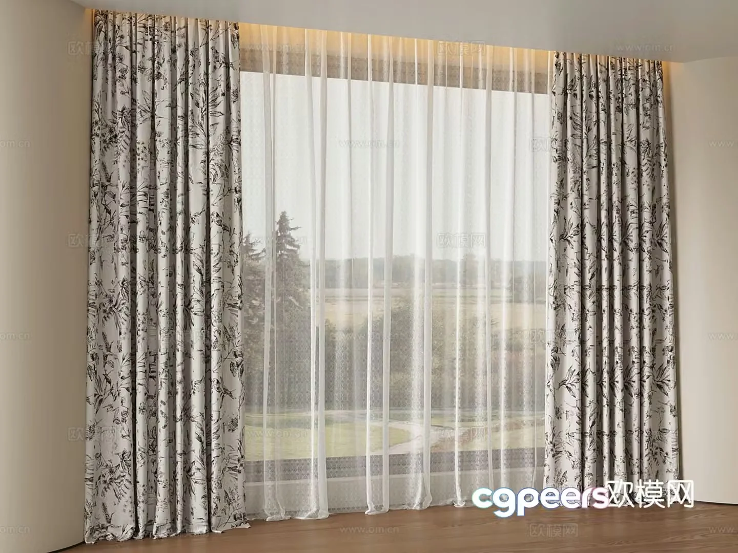 French retro curtains fabric curtains pattern small florals gauze curtains 3d model