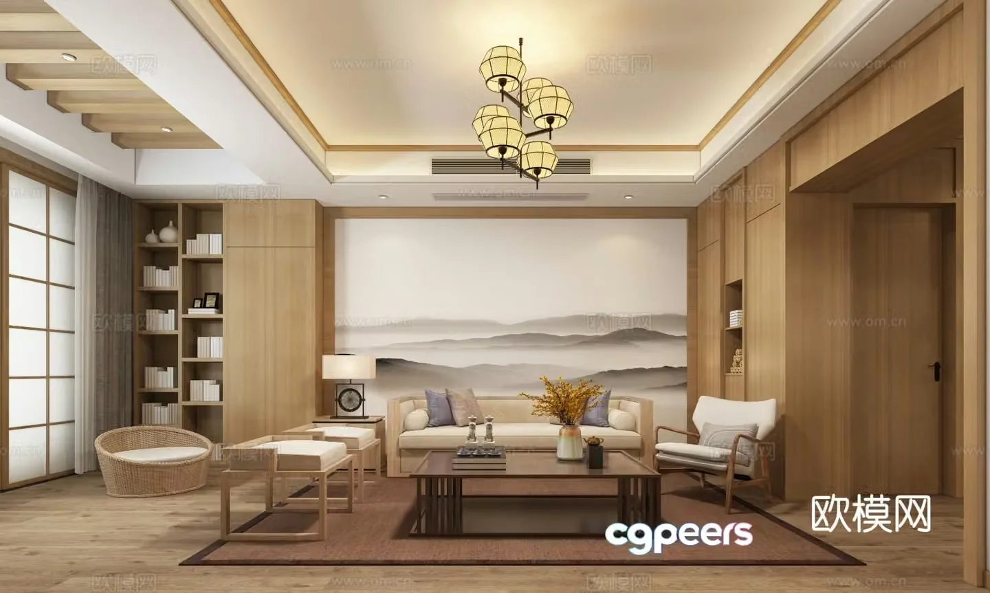 Zen Japanese style living room chandeliers desk lamp multi-person sofa single sofa coffee table 3D model