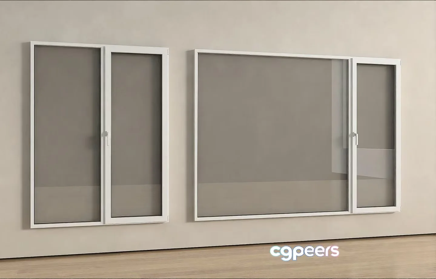 Two White Framed Windows With Gray Screens 3D Model – 12342 – VRAY Render