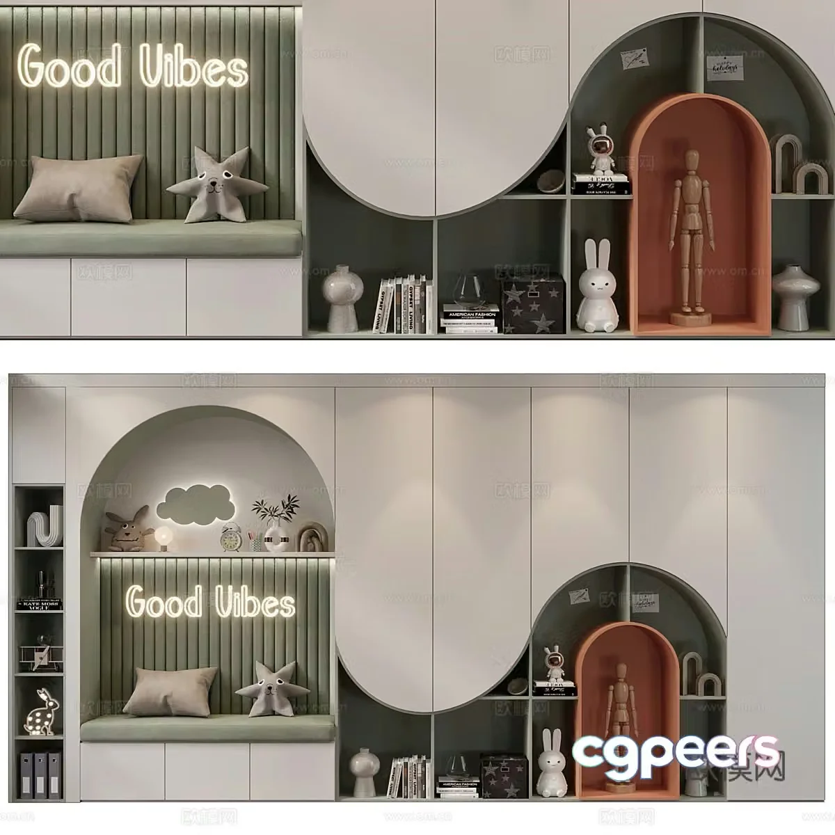 Modern Italian cream style children’s wardrobe children’s bookcase combination 3D model