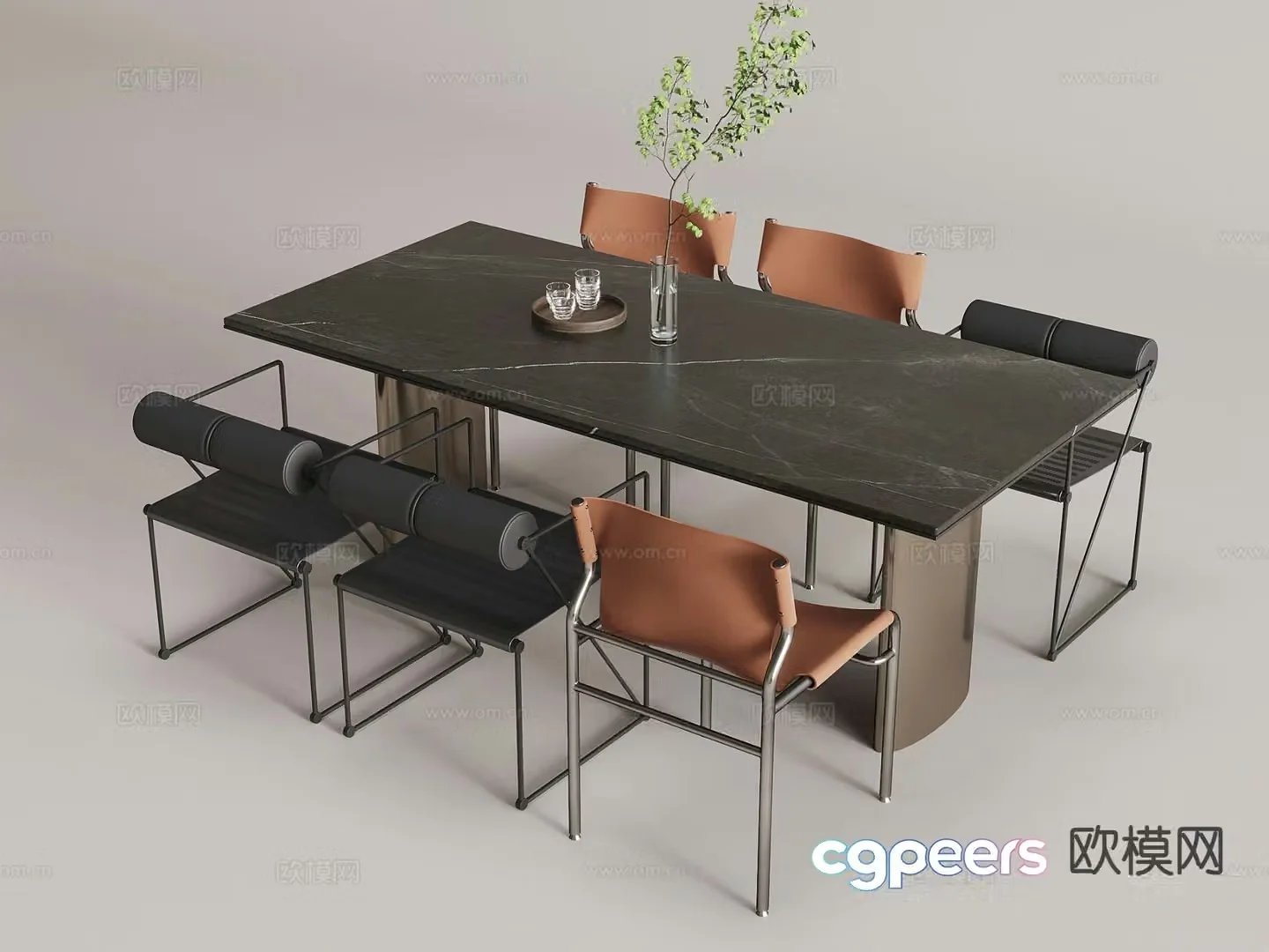 Italian long dining table and chairs 3D model