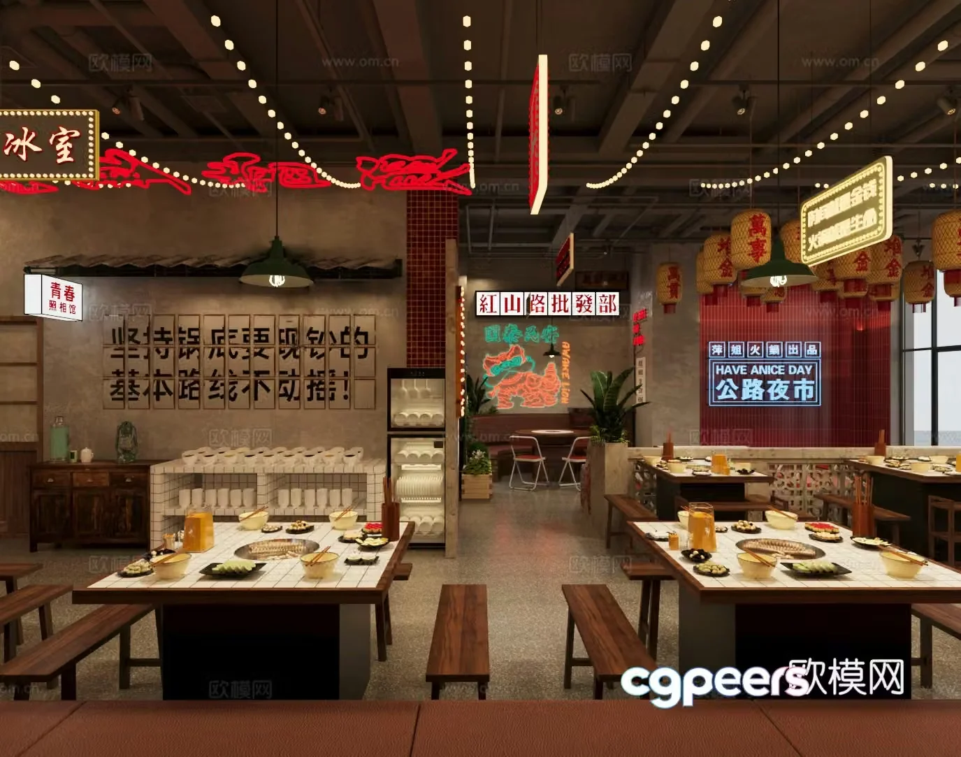 Industrial style nostalgic barbecue restaurant barbecue restaurant hot pot restaurant skewers restaurant Chinese restaurant hot pot tables and chairs 3D model