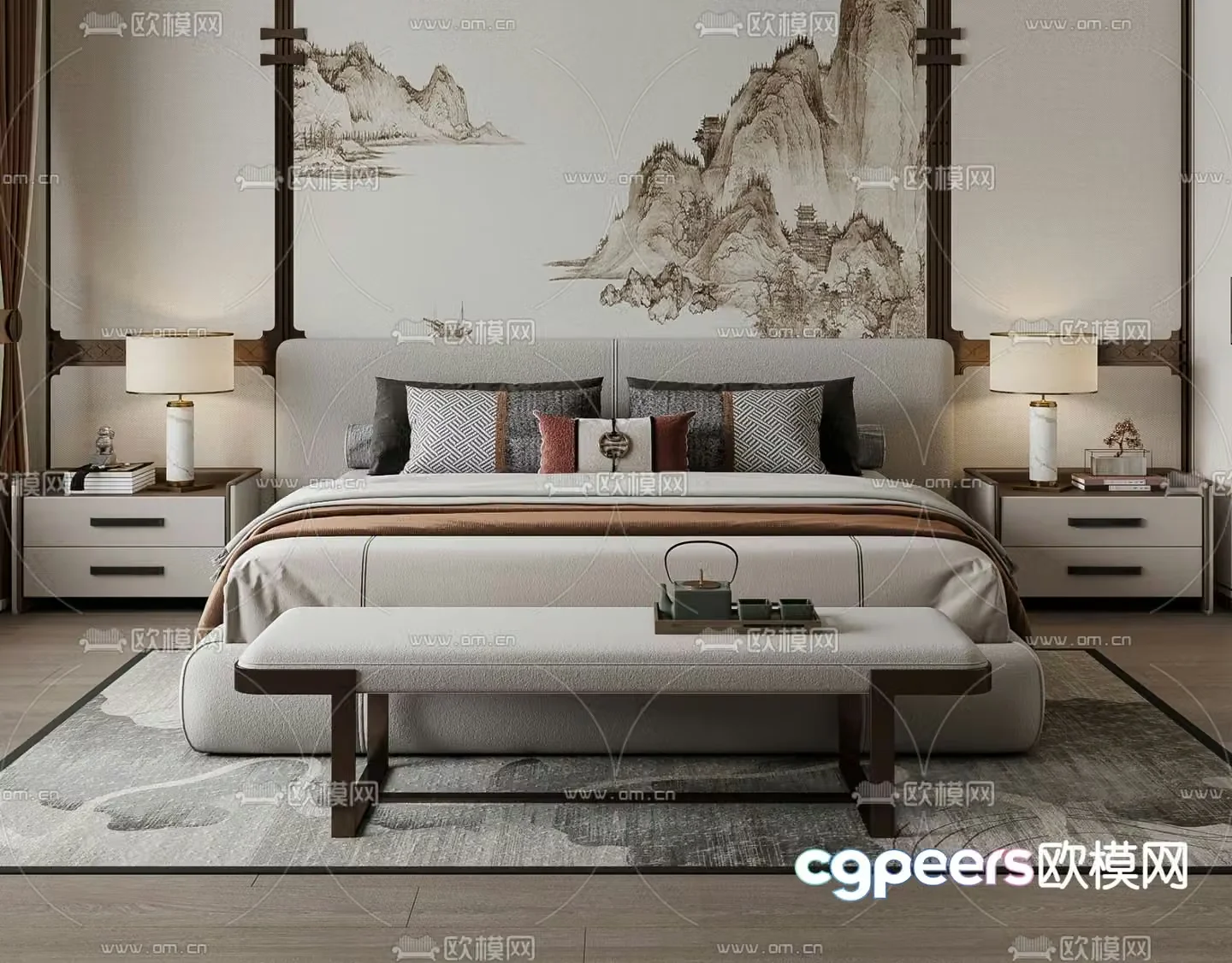 New Chinese style double bed 3d model