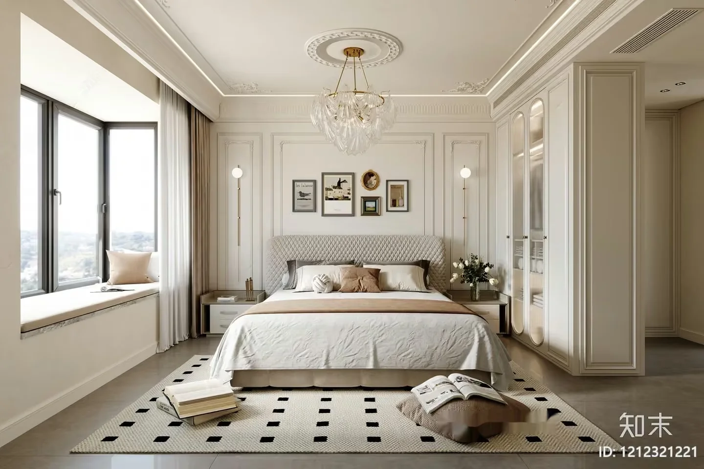 A Beige Bedroom With A Bed And A Window Seat 3D Model – 4819 – VRAY Render