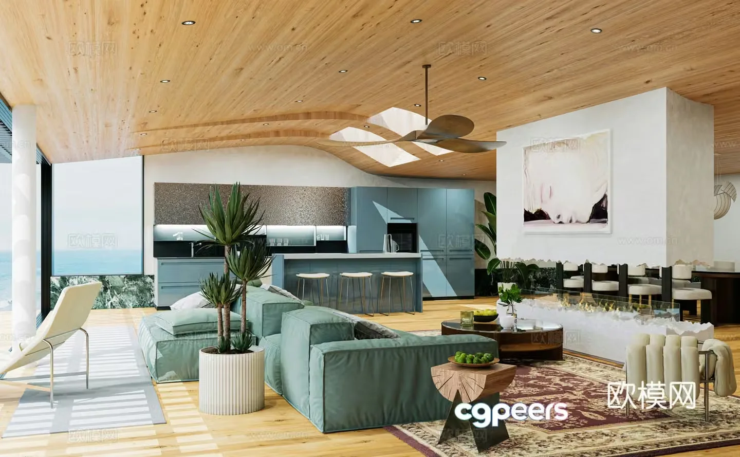 Modern Nordic Living Room 3D Model at the Sea