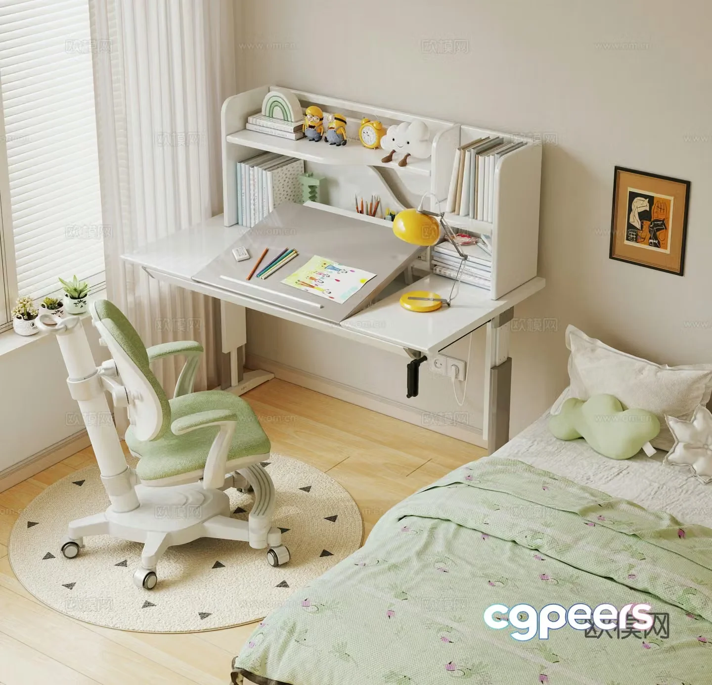 Cream style study table children’s lift table 3d model