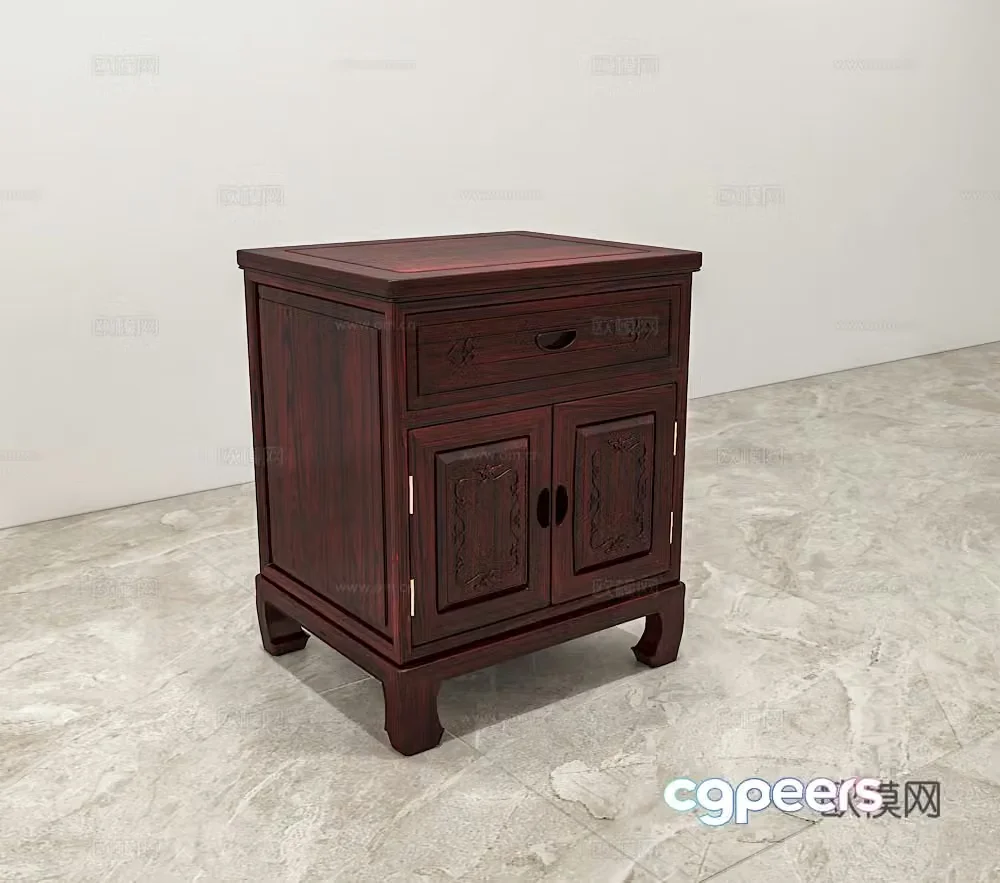 Chinese style bedside table carved cabinet door solid wood mahogany 3D model