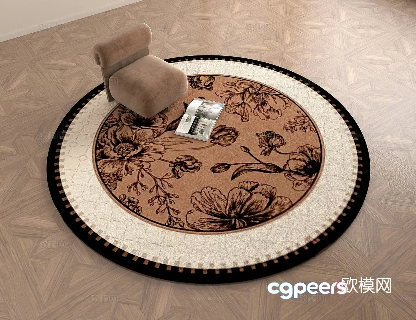 Medium vintage retro maillard color plant pattern round carpet 3d model