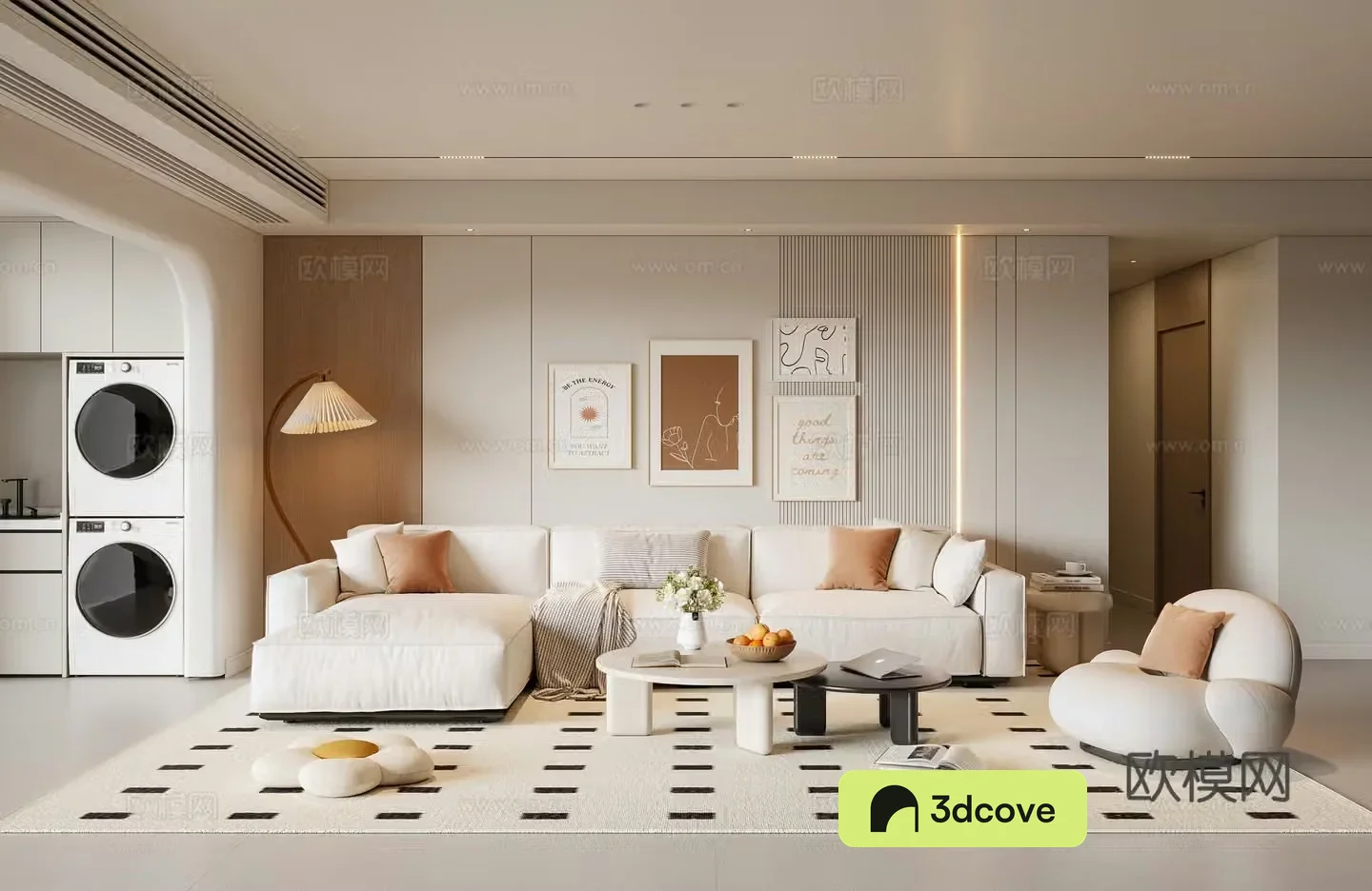 Modern creamy living room sofa coffee table casual sofa painting floor lamp