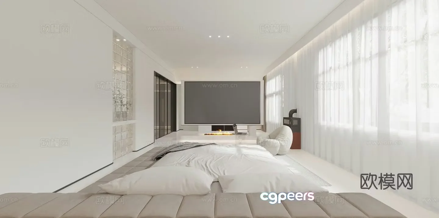 Modern bedroom fireplace cloakroom end view film and television wall sliding door tatami bed 3d model