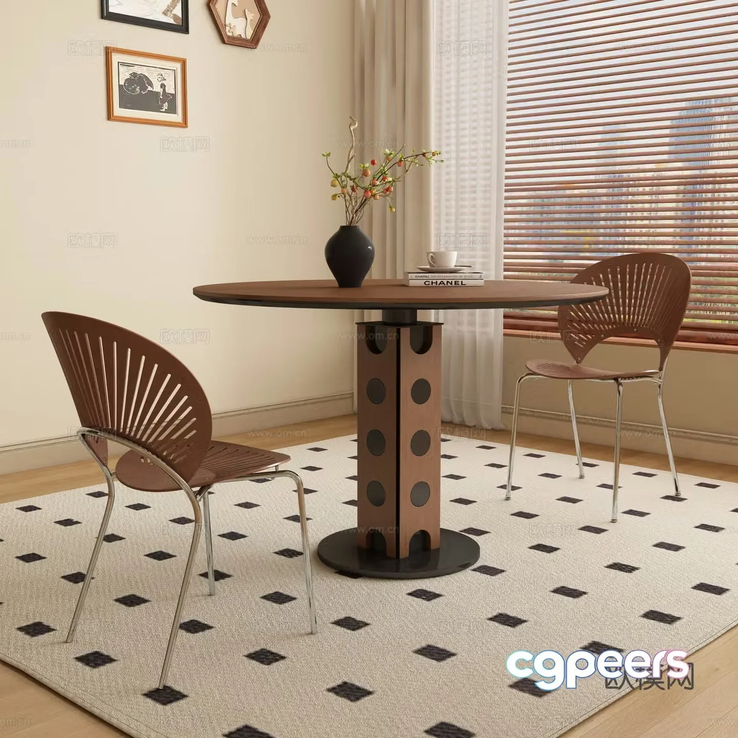 Medium style round dining table and chair 3D model