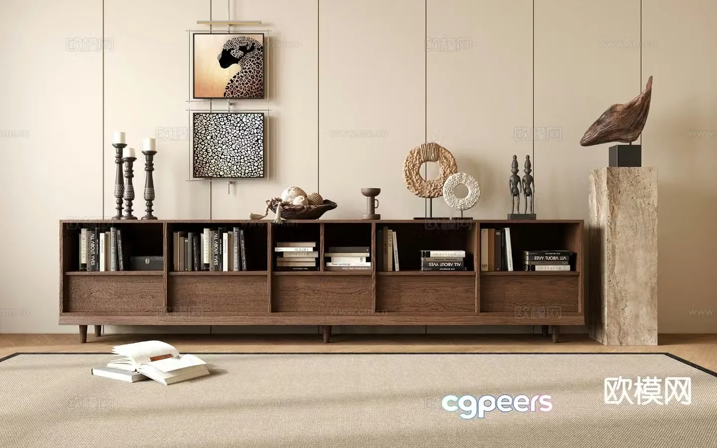 Medieval style low bookcase floor cabinet 3D model