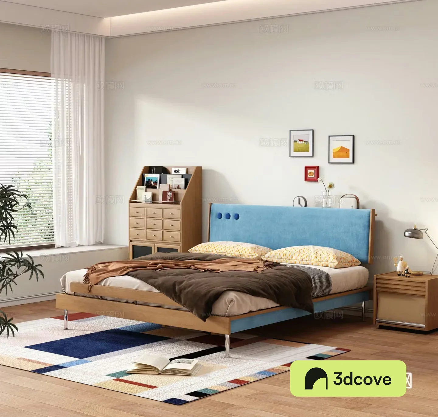 Modern Bahaus Double Bed Solid Wood Double Bed Medium Style Double Bed Solid Wood Bedside Table 3D Model