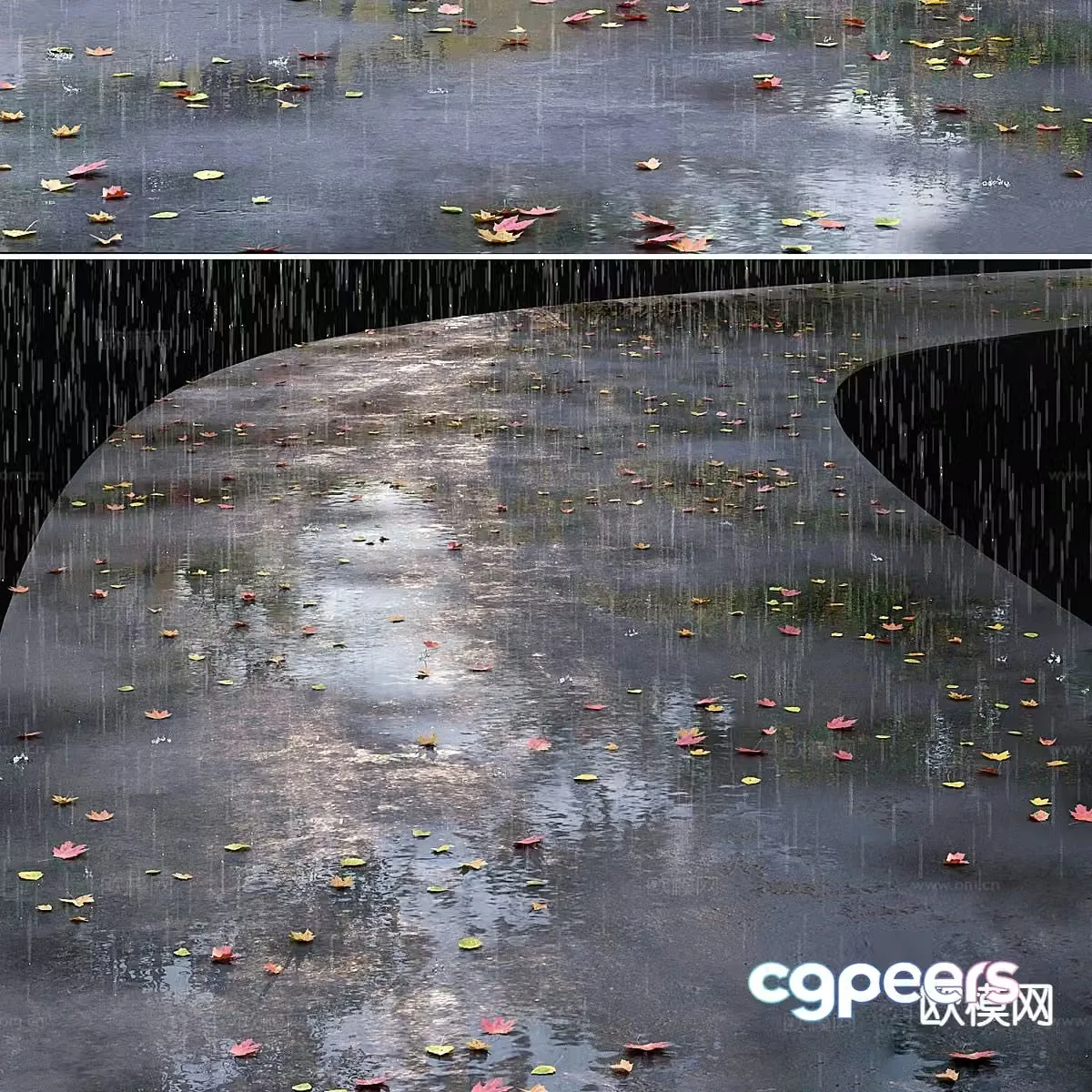 Garden road paving cement road rain scene 3d model