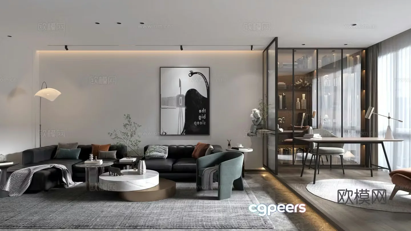 Modern living room living room and study integrated 3D model