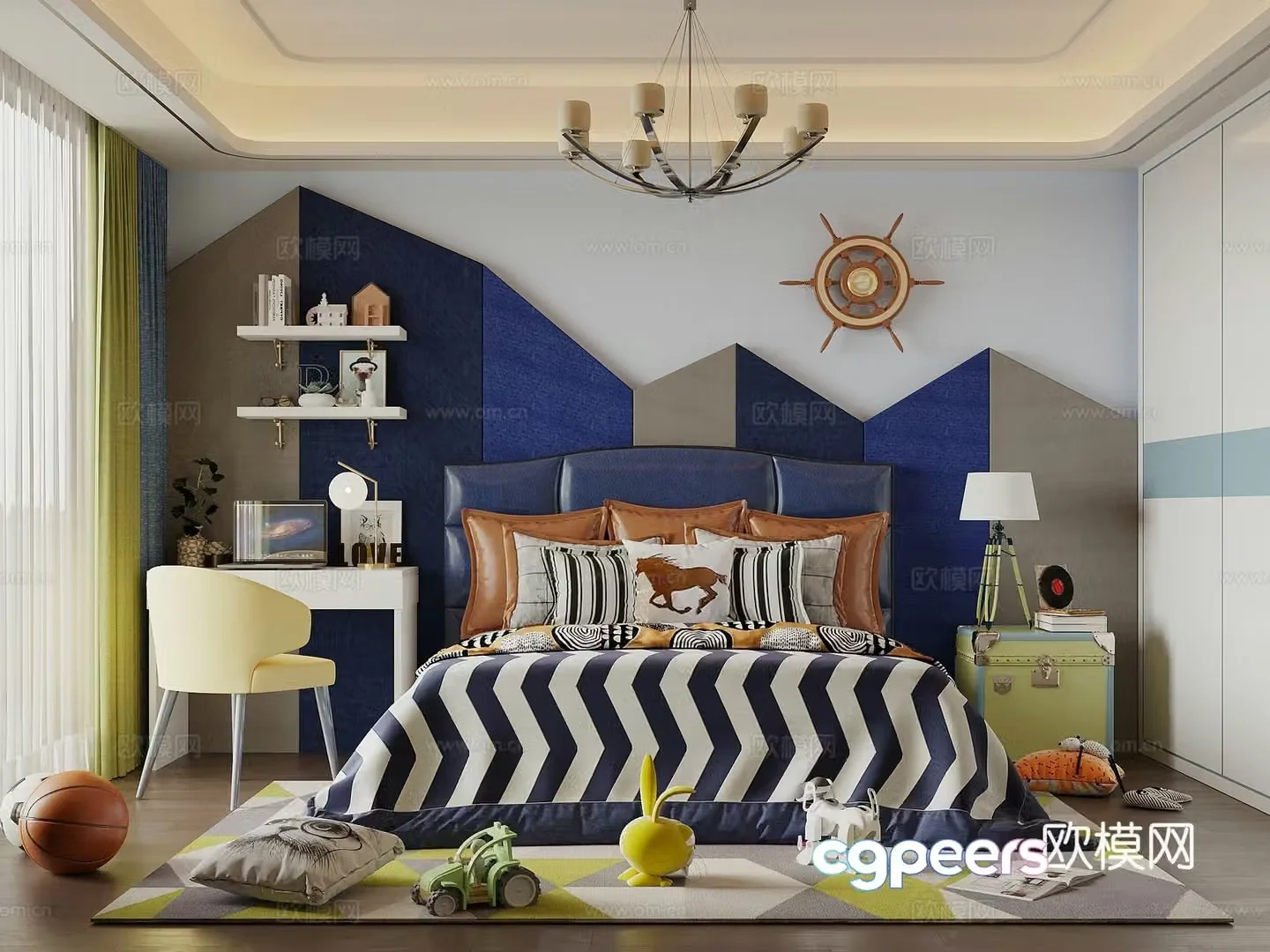 Modern simple children’s room boy’s room blue children’s room children’s bed bedside background wall 3D model