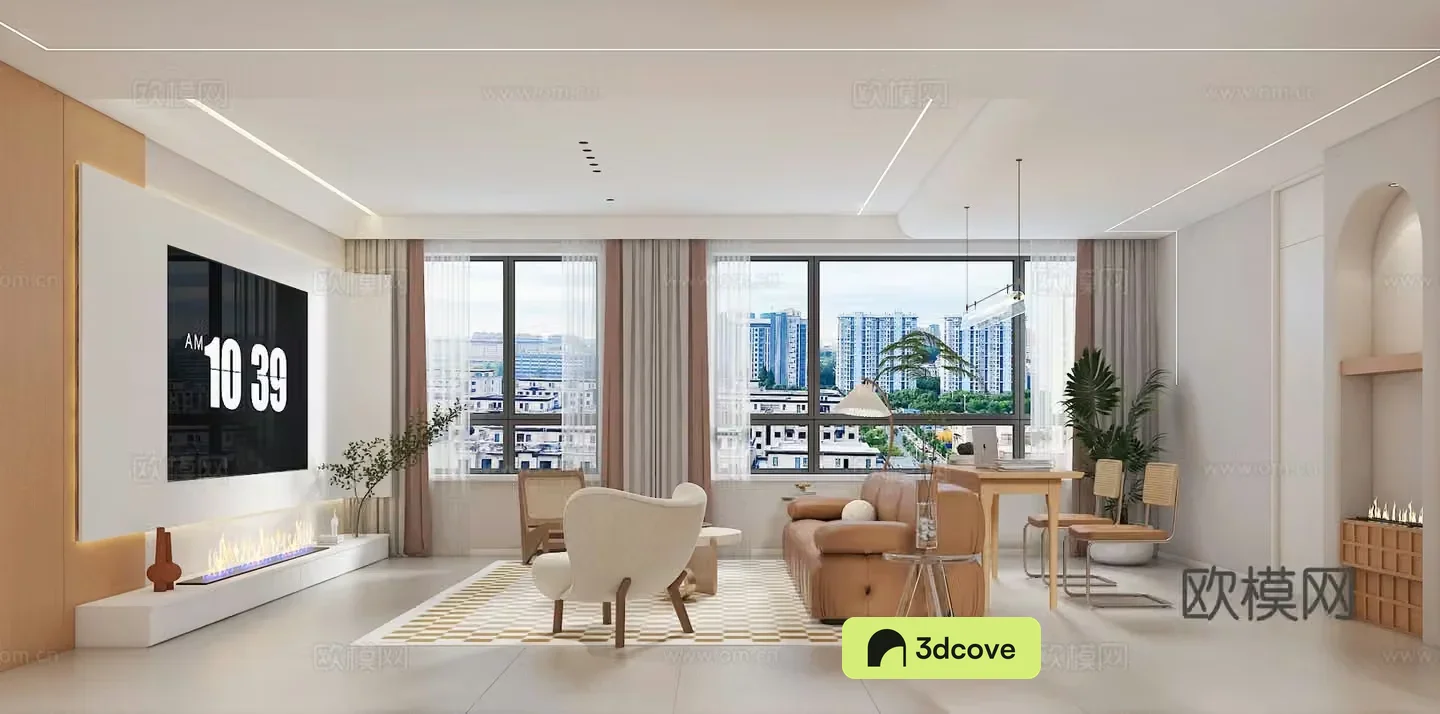 Modern log Nordic style living room study open kitchen