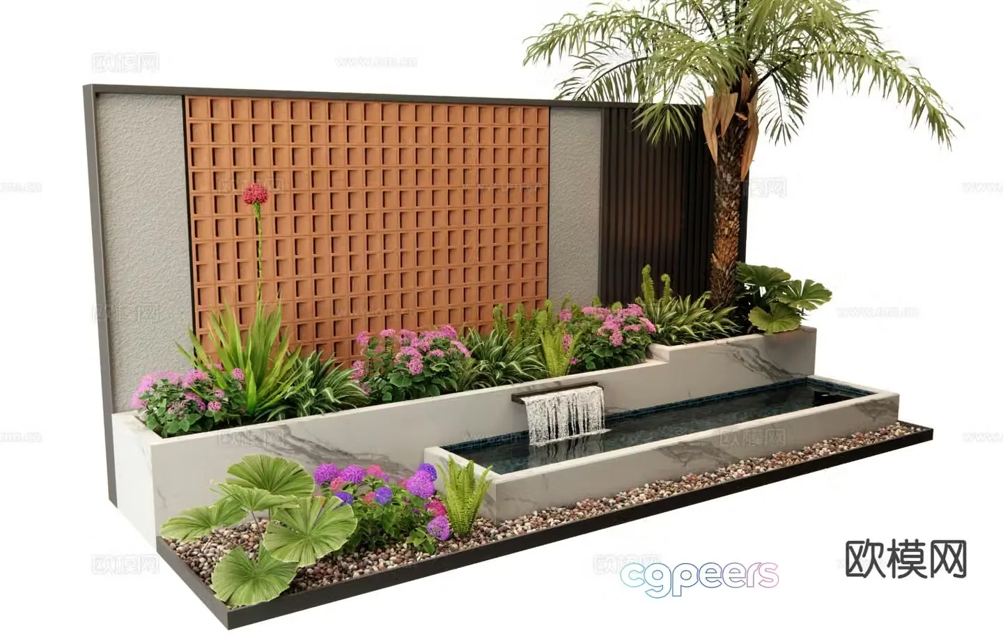 Modern courtyard water feature wall 3d model