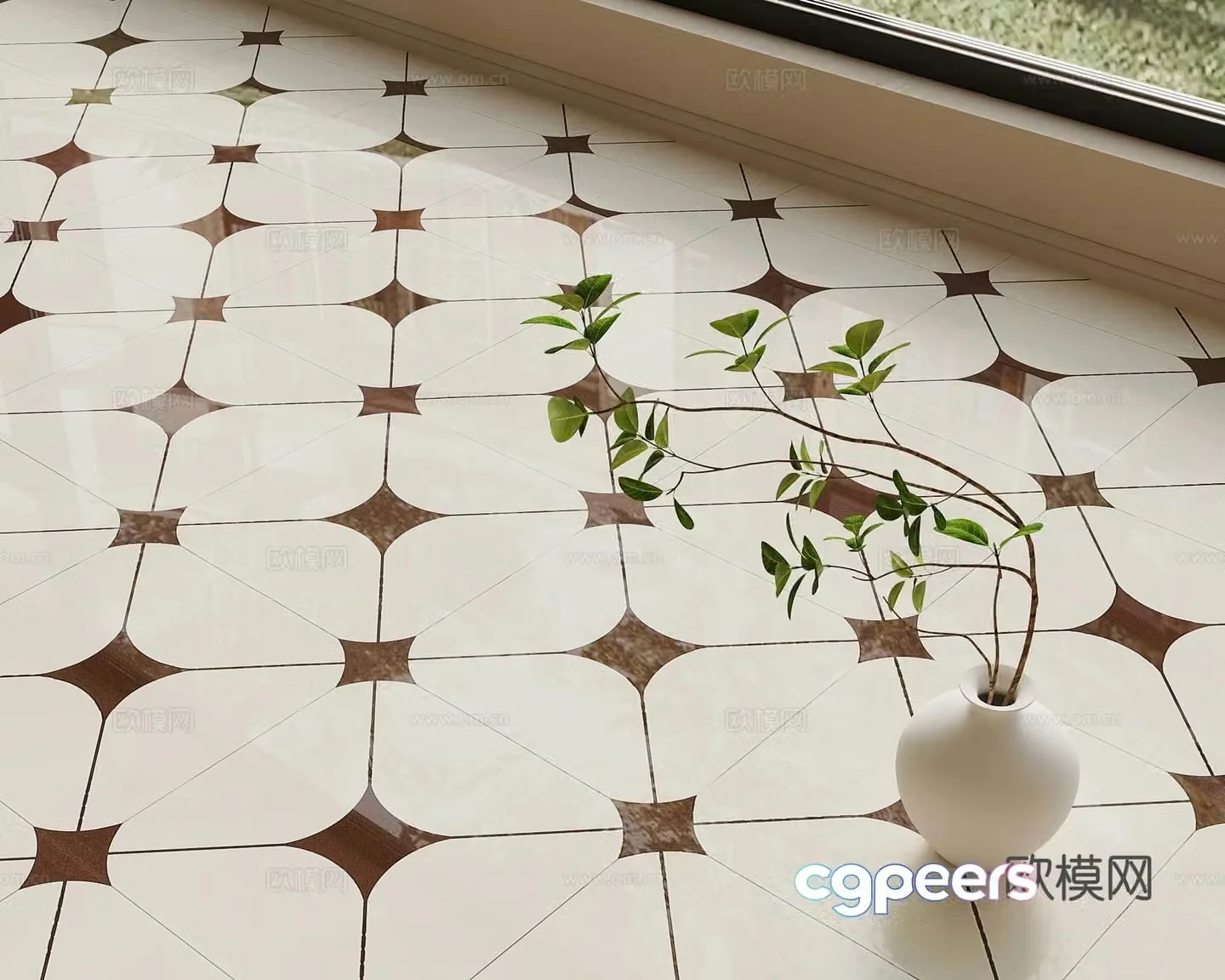 French medieval ceramic tiles seamless medieval small flower tiles 3d model