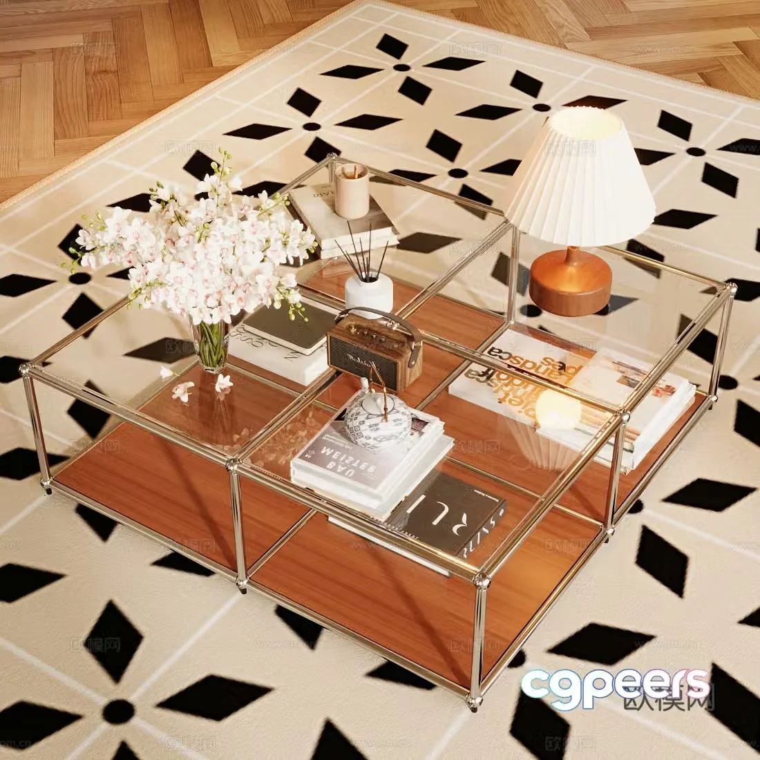 Middle-aged tea table glass tea table square tea table retro style tea table tea table floral ornaments coffee table 3D model