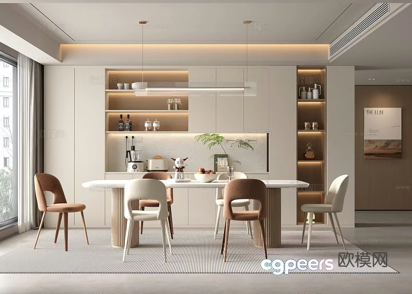 Modern restaurant dining table and chair wine cabinet 3d model