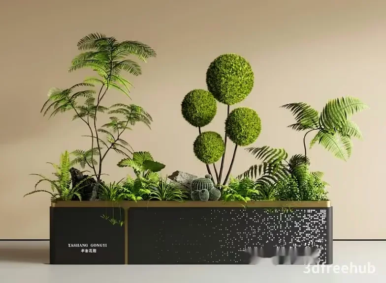 A Rectangular Planter With Green Plants 3D Model – 22019 – VRAY Render