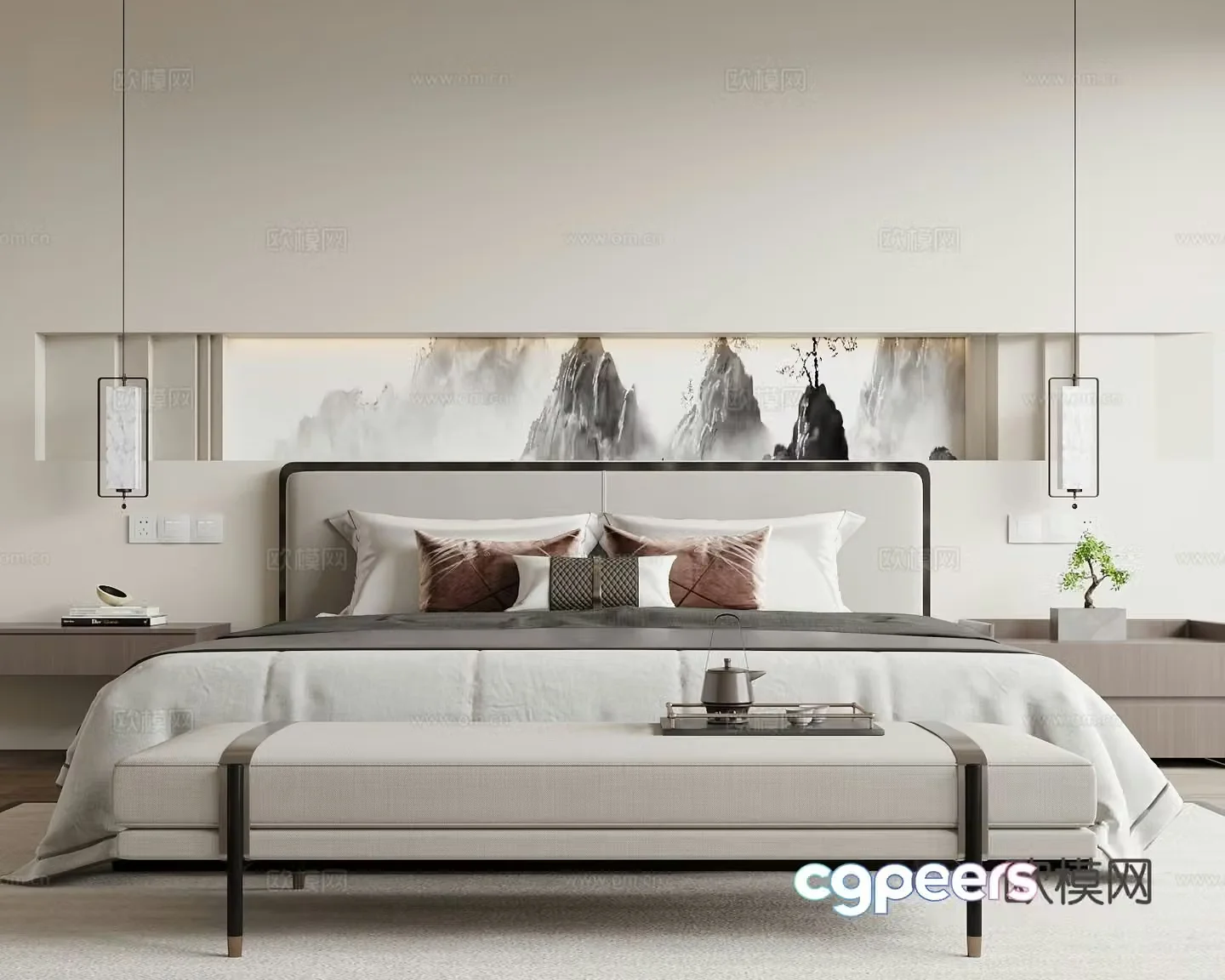 New Chinese style double bed 3d model