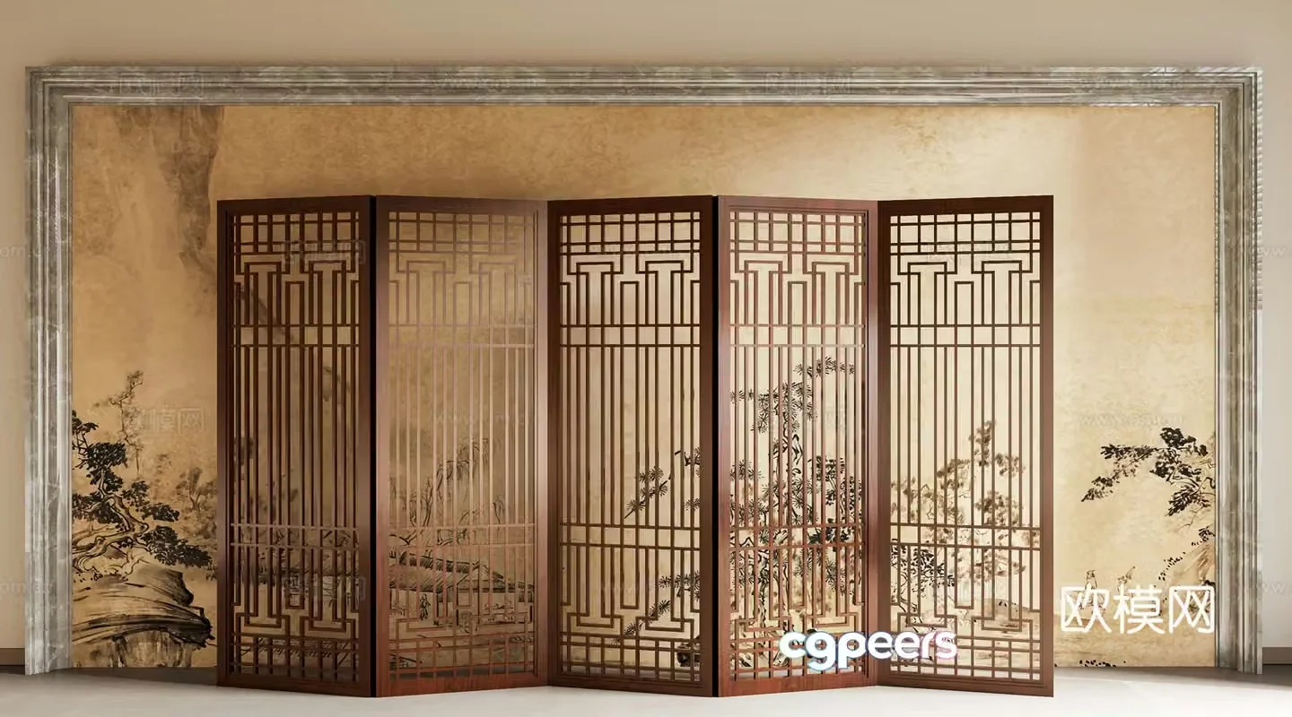 New Chinese style screen partition solid wood grille entrance screen partition screen new Chinese style background wall 3D model