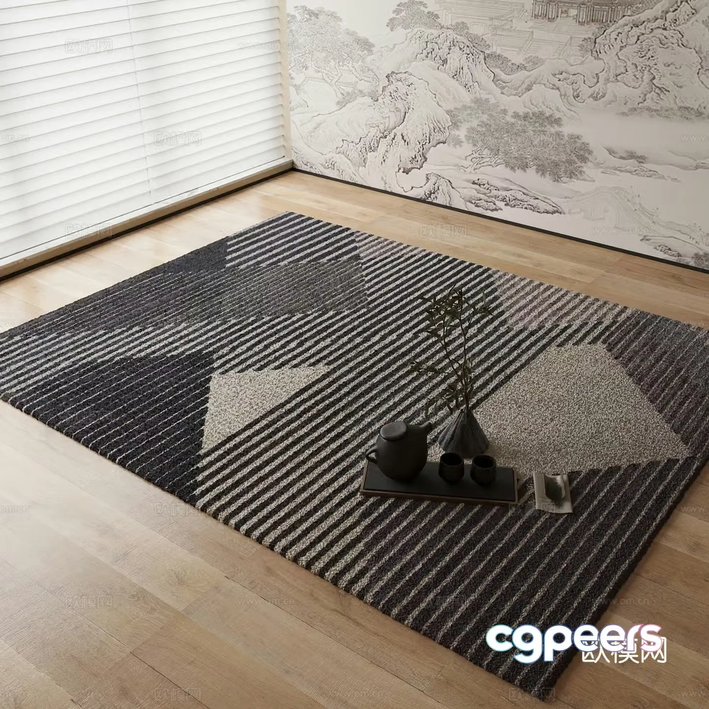 New Chinese style carpet Black and white striped carpet 3d model
