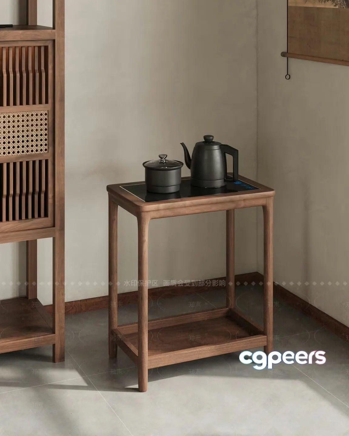 A Wooden Table With A Kettle And Pot 3D Model – 22055 – CORONA Render