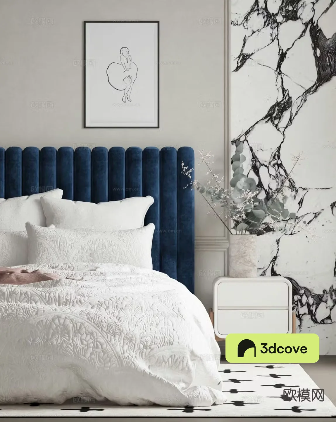 Modern bedside table realistic bedding