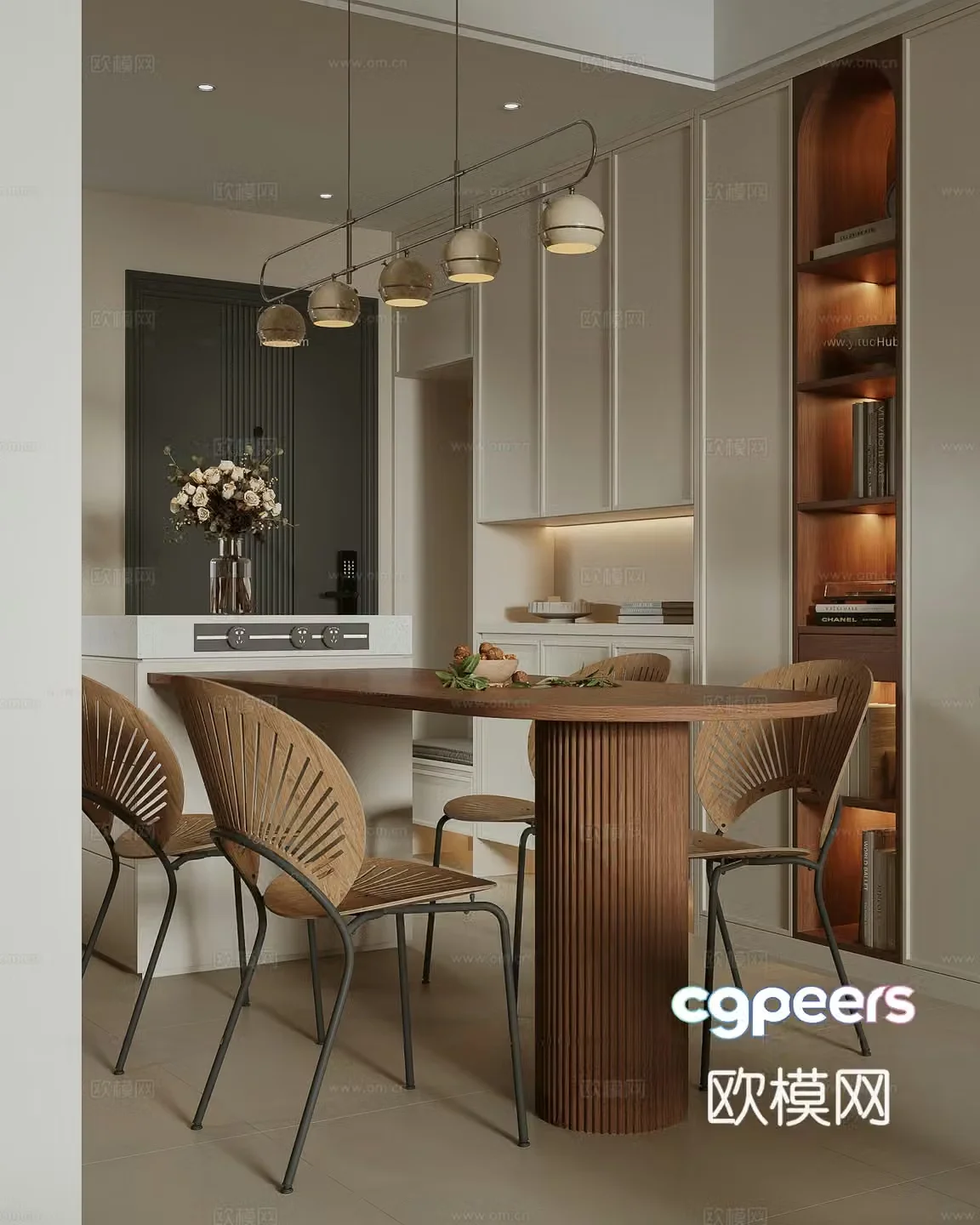 Modern cream retro restaurant kitchen open kitchen island island kitchen chandeliers restaurant 3d model