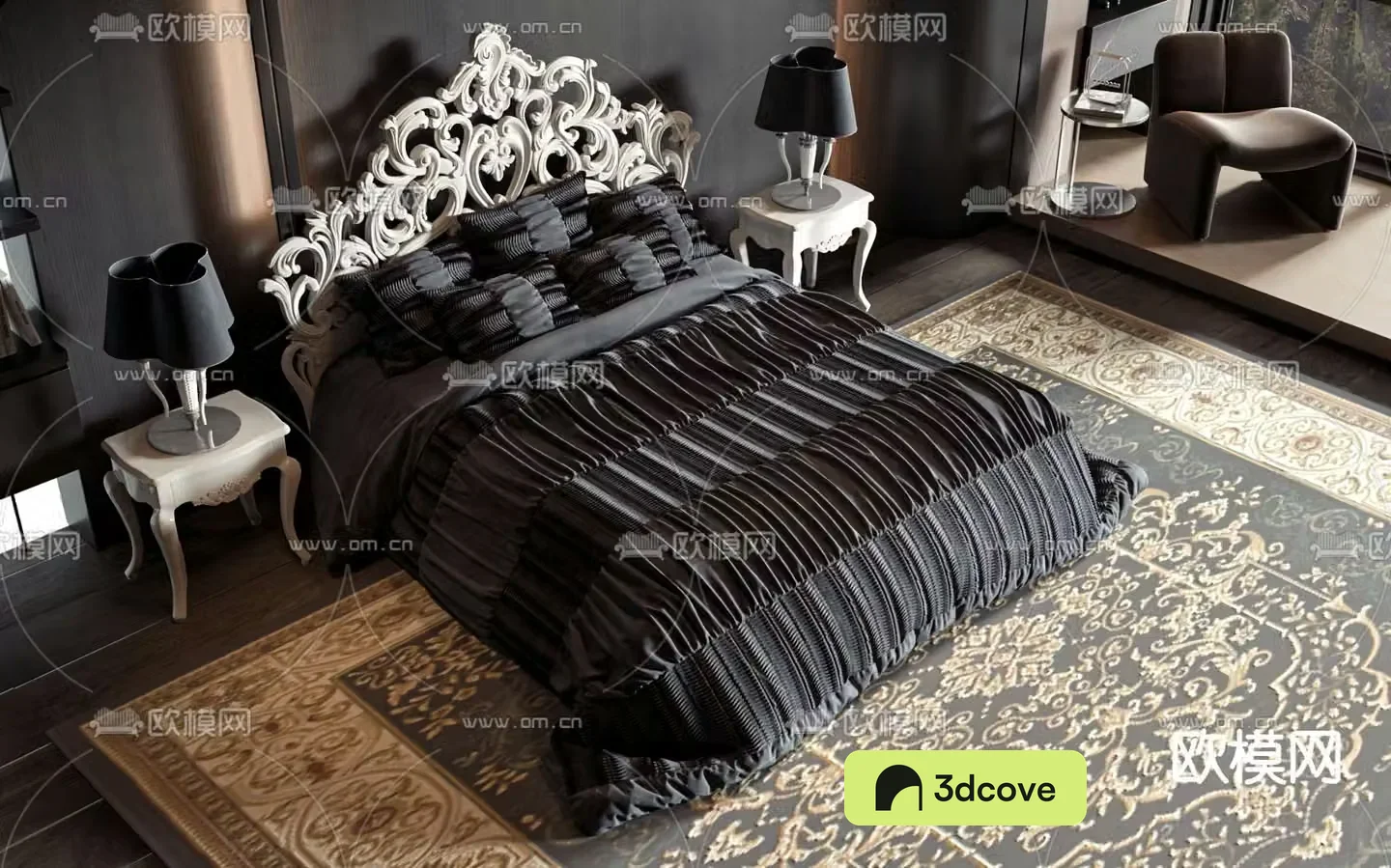 European double bed dark bed