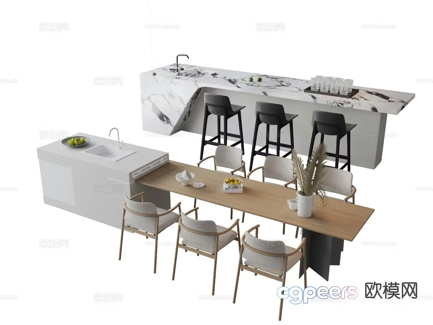 Modern island table water bar dining table and chairs 3D model