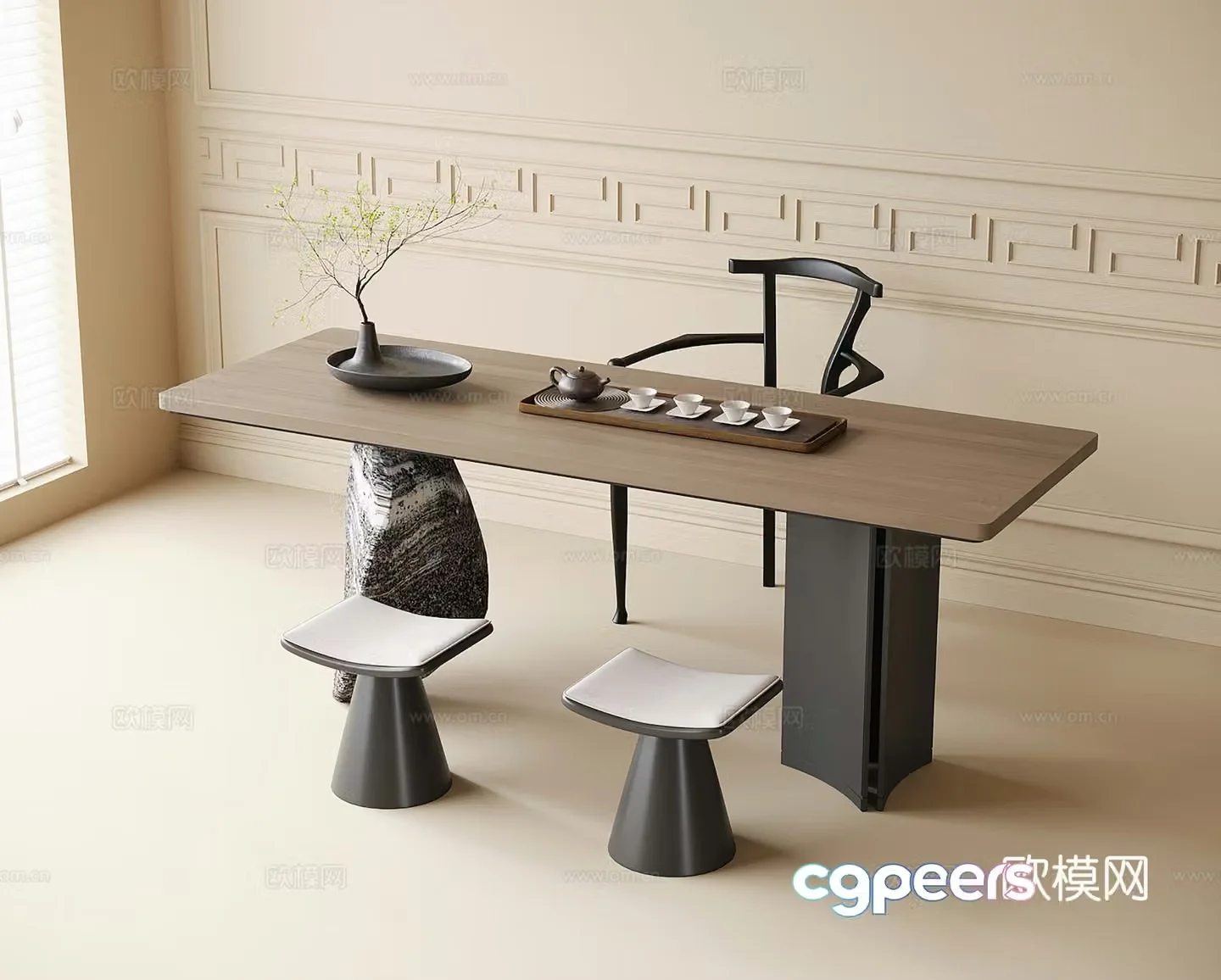 Modern tea table and chair combination tea set stool 3d model