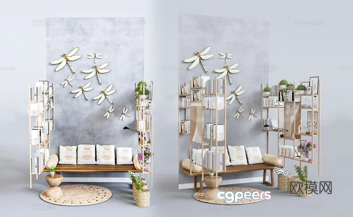 Modern open bookshelf Reading lounge area Creative shelf Study room furnishings Log bench tea 3d model