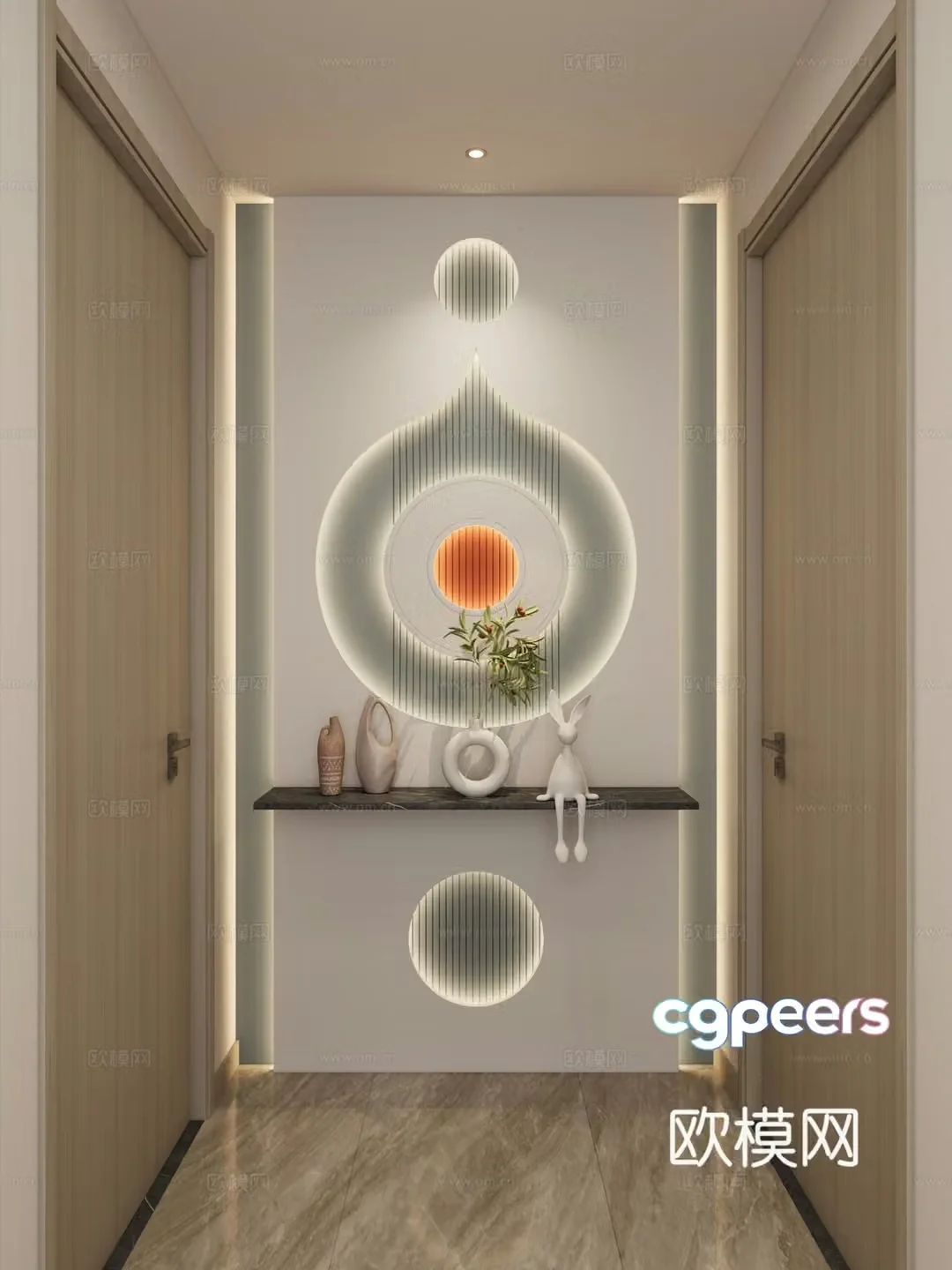 Cream Simple Style Curved Shape Hermes Orange Grating Board Corridor End View Entrance Entrance 3D Model