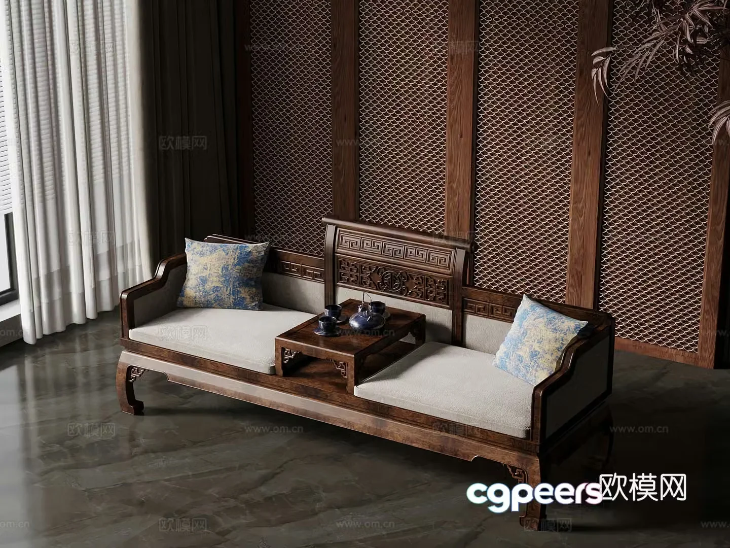 013 New Chinese Arhat Bed Multi-person Sofa 3D Model