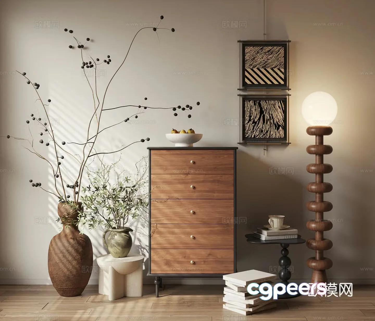 Middle-aged style chest of drawers side cabinet dead branches potted 3D model
