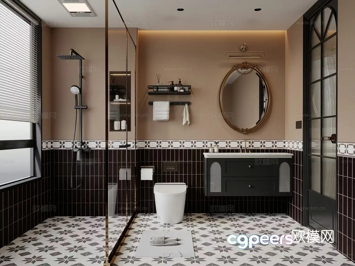 French retro style bathroom bathroom cabinet shower toilet 3d model
