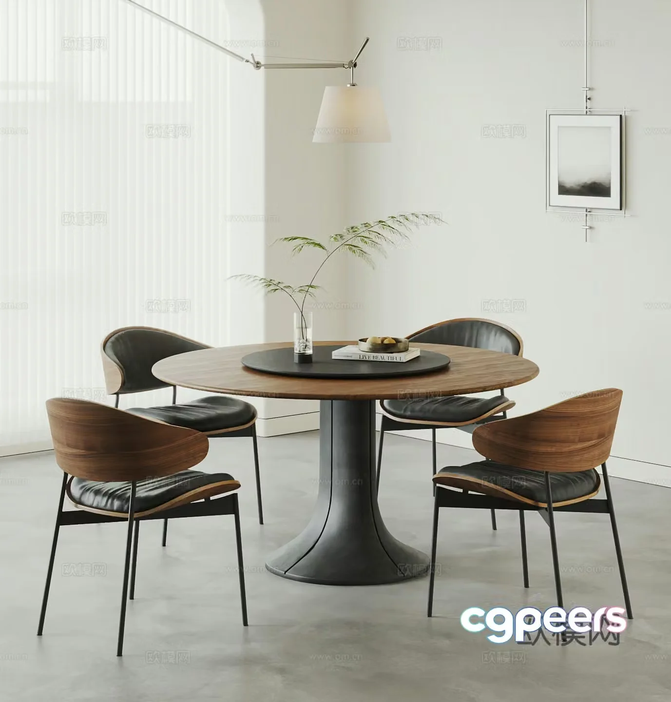 Medium style dining table and chairs chandelier round dining table and chairs solid wood dining table and chairs leather dining chairs 3D model