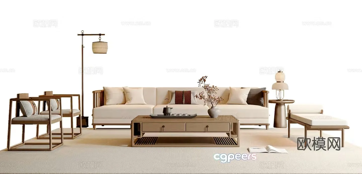 New Chinese Song style sofa coffee table combination leisure chair punzi floor lamp table lamp 3d model