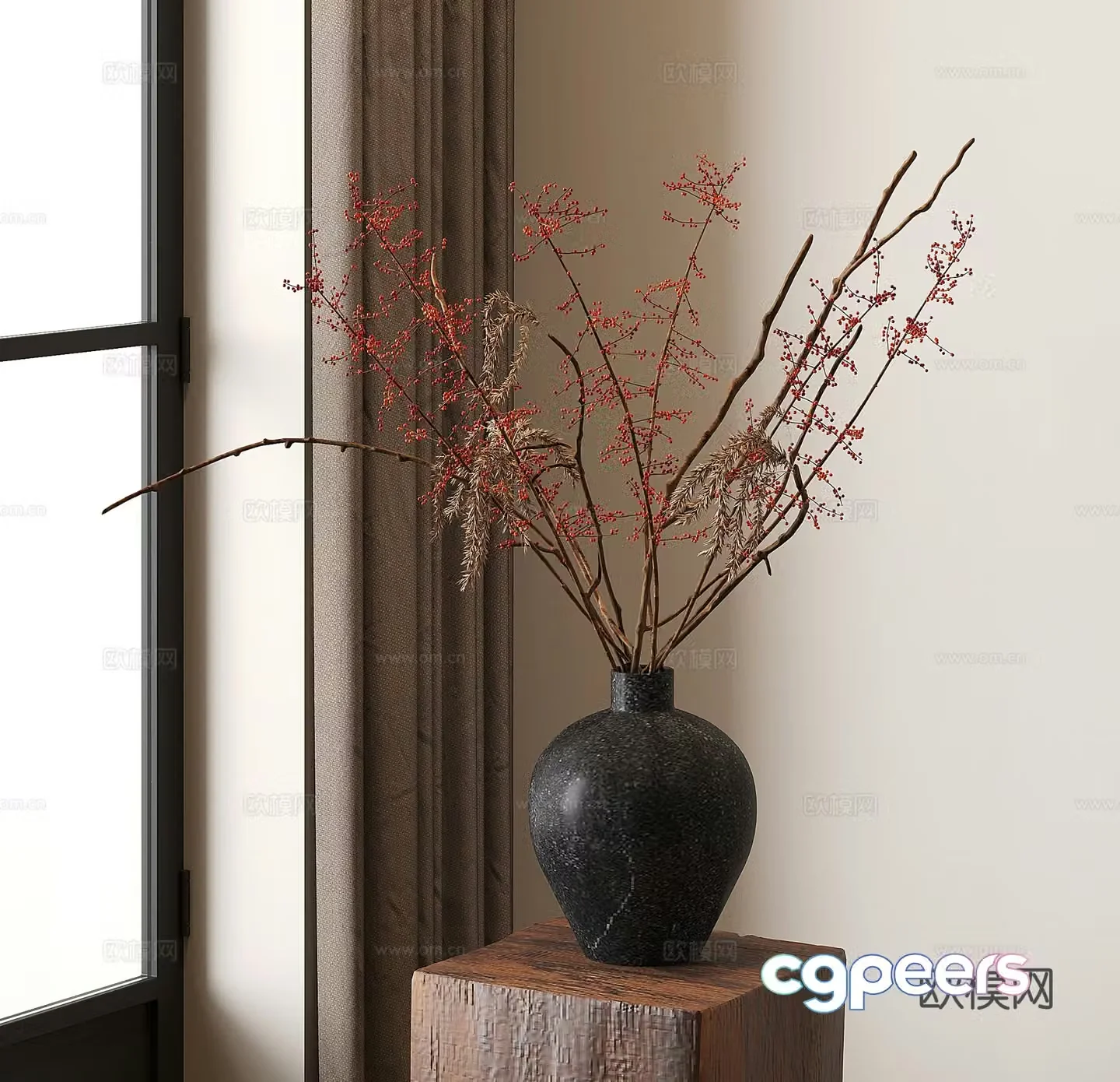 Middle-aged vase flower art stems and branches red currant dried flowers and dried fruits 3D model