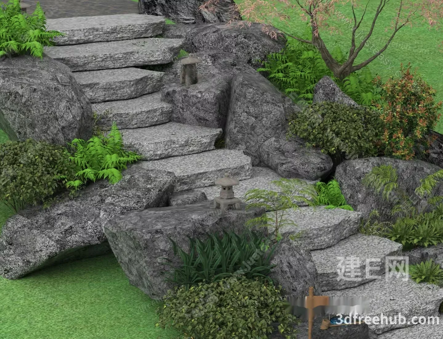 A Stone Staircase In A Garden 3D Model – 18563 – VRAY Render